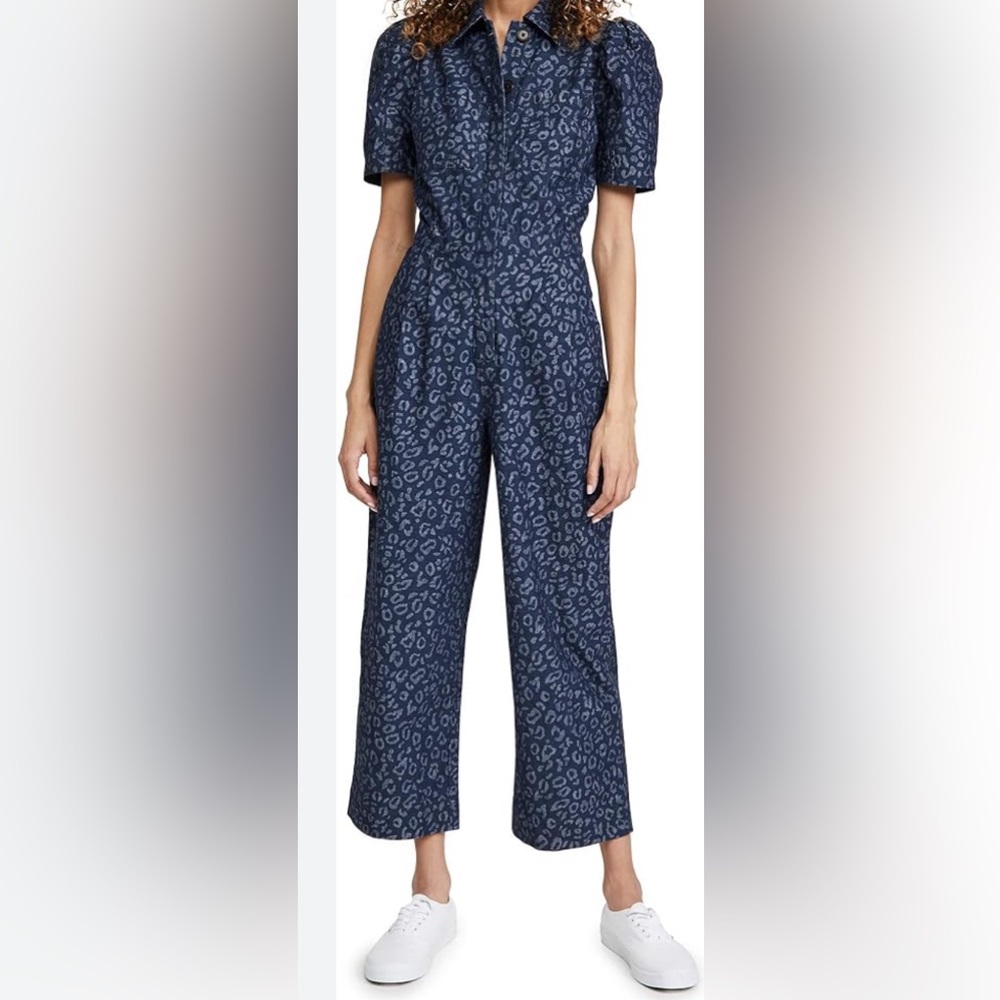 Cheetah Raw Denim Jumpsuit Puff Sleeves